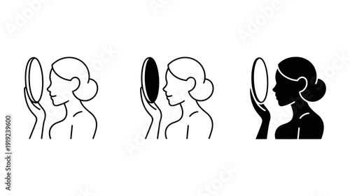 A woman with a bun hairstyle observes her reflection in an oval mirror, depicted in various styles.