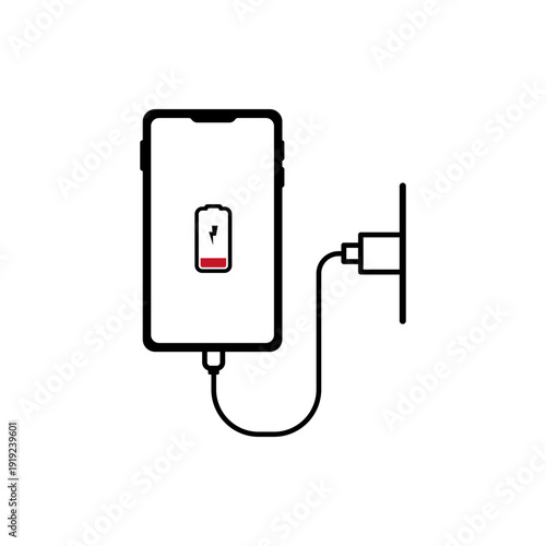 Smartphone charging icon with low battery indicator and wall plug vector