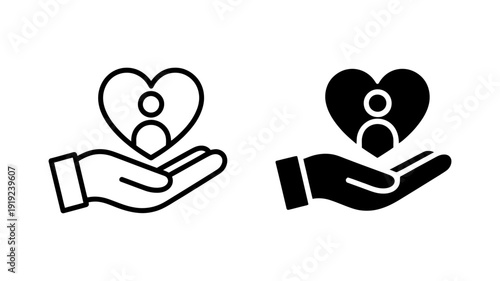 A caring hand cradles a heart containing a person icon, symbolizing love and protection.