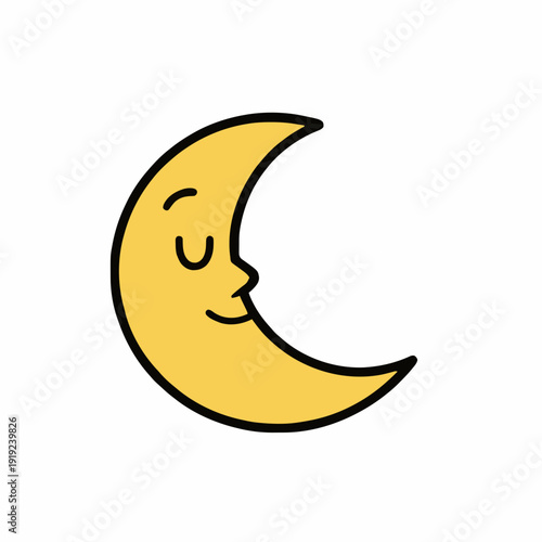 Simple yellow crescent moon with closed eyes and a gentle smile on a white background illustration