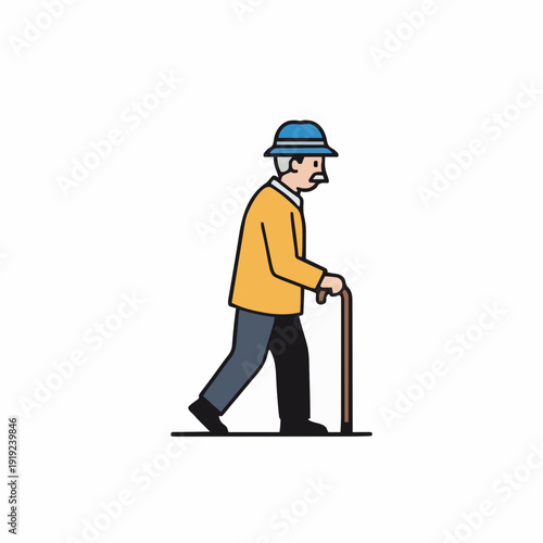 Elderly Man With Cane Walking In A Yellow Jacket And Blue Hat With A Moustache And Sideburns