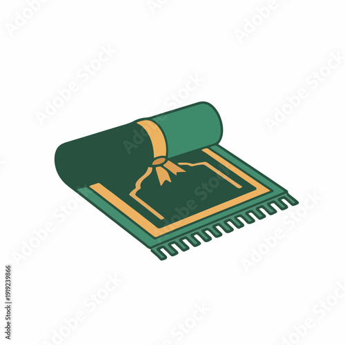 Green Prayer Mat With Orange Border Unrolling With Tassel Edges On A White Background Flat Design