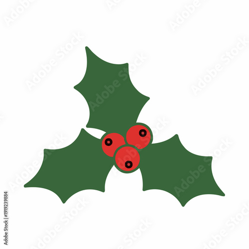 Simple Christmas Holly Berry Icon with Green Leaves and Red Berries on White Background