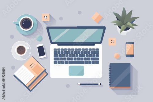 Modern workspace with laptop, coffee, and notebooks on gray table