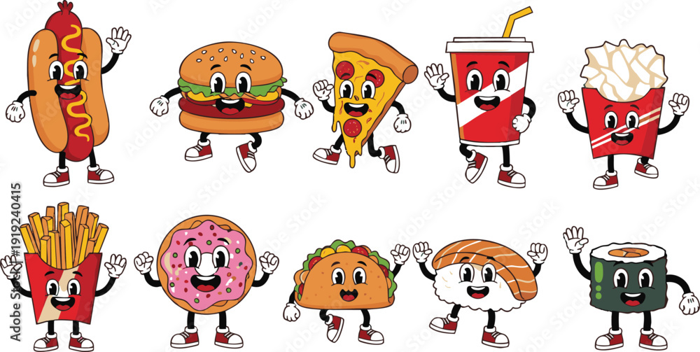 Fototapeta premium Retro Rubber Hose Fast Food Mascot Set - Vintage 1930s Style Cartoon Junk Food and Snack Characters