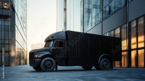 Black armored cash truck parked near modern buildings in a busy urban setting during late afternoon