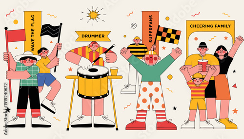 Vibrant crowd of people cheering waving flags and celebrating with a drummer conveying excitement and joy on a beige background with colorful confetti