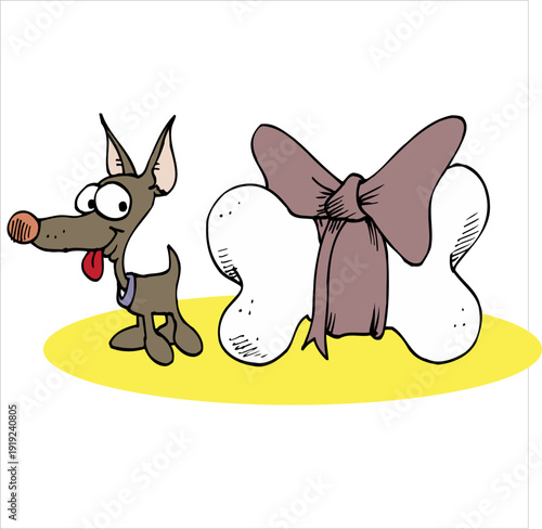 Funny Dog Cartoon with Giant Bone Gift and Bow Illustration
