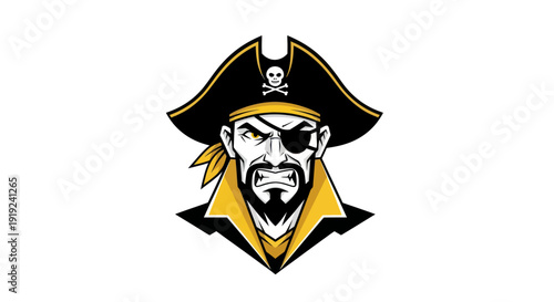 Bold pirate illustration eyepatch skull hat and aggressive expression