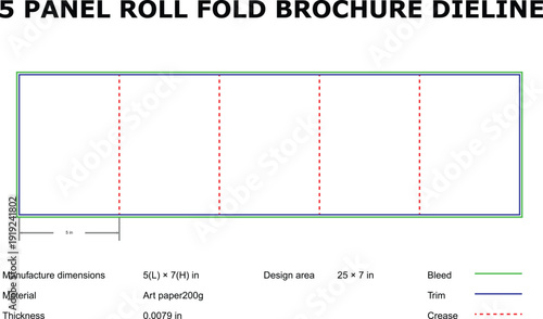 A detailed diagram of a 5 panel roll fold brochure die line template