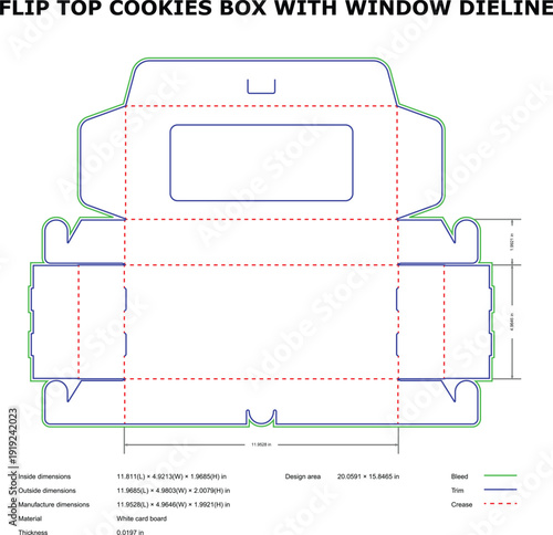 Technical drawing of a flip top cookies box with window die line and measurements