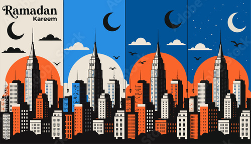 Ramadan kareem cityscape vector panels with crescent moon and skyscrapers at sunset