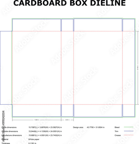 A detailed diagram of a cardboard box die line with measurements and specifications