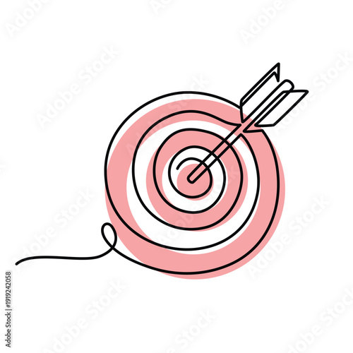 Arrow in the center of the target one line drawing. Arrow in the center of the target single line illustration. Arrow in the center of the target minimalist line art