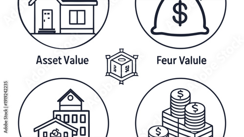 Property investment icons set with asset value and financial symbols for business and real estate concepts