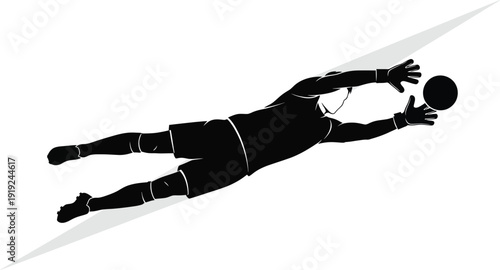 Soccer goalkeeper diving to make a save. Male goalkeeper in a jersey mid-air, extending his arms to catch a soccer ball. 