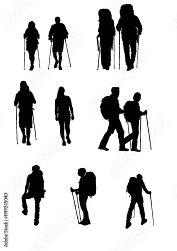 Hiker Silhouette Set with Trekking Poles