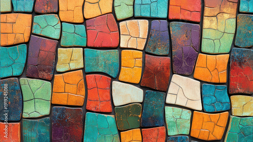 Colorful mosaic tiles create vibrant and artistic pattern, showcasing variety of textures and hues. arrangement features shades of red, blue, green, orange, and yellow, evoking lively atmosphere