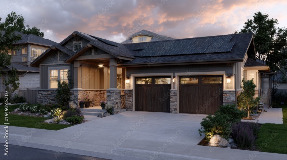 Fototapeta premium Modern residential house with garage and inviting exterior architecture
