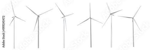 Realistic Six wind turbines or windmills with different angles and lighting and shadows. technology for sustainable electric generation. isolated image.