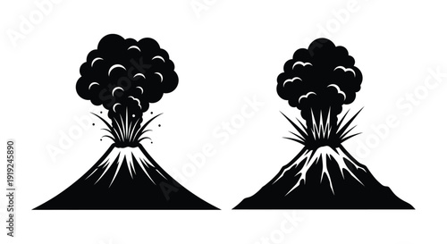 Two volcanic eruptions depicted in a striking black silhouette