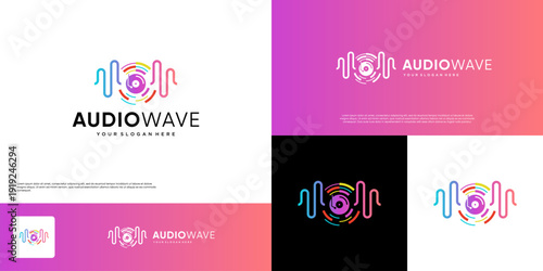 Black disc logo with a graphic concept of music frequency, recording, playback, vector design template.