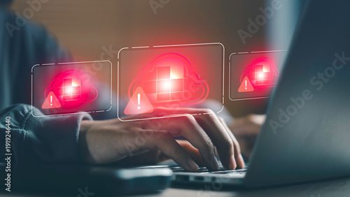 Cloud outage and service disruption concept with warning alerts on cloud interface, Infrastructure failure, application downtime, incident response, and business continuity management on laptop.