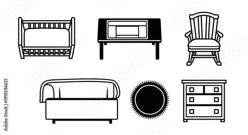 Collection of Furniture Icons Including Crib Chair Table Ottoman Rug and Dresser.
