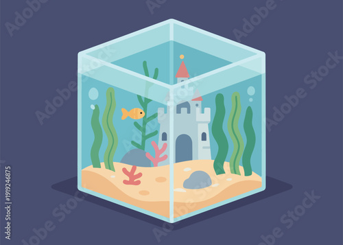 Fish Life in a Box Aquarium Illustration Creative Design Template 