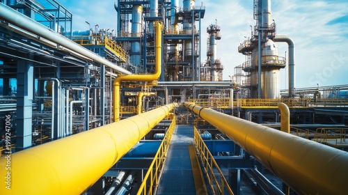 Pipes and equipment at a petrochemical processing plant with a focus on heat chemical manufacturing and gas transport