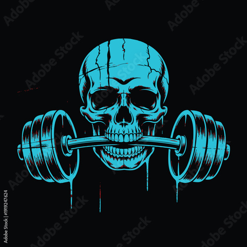 Vector illustration of a skull lifting a dumbbell for gym and fitness concept