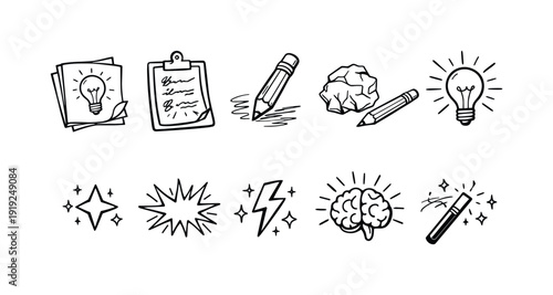 Creativity and inspiration outline icon set. Brainstorming, ideas, lightbulb icons collection