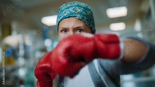 Dynamic low-angle view of determined boy in red boxing gloves, headscarf covering his head, hospital room background blurred, powerful light highlighting resolve and fighting spiri
