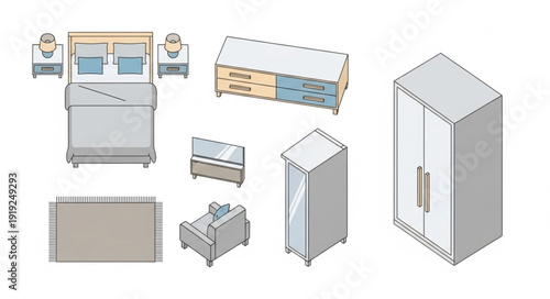 Collection of isometric bedroom furniture and decor elements.