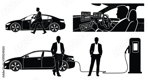 Electric Car Charging and Automotive Silhouette Set