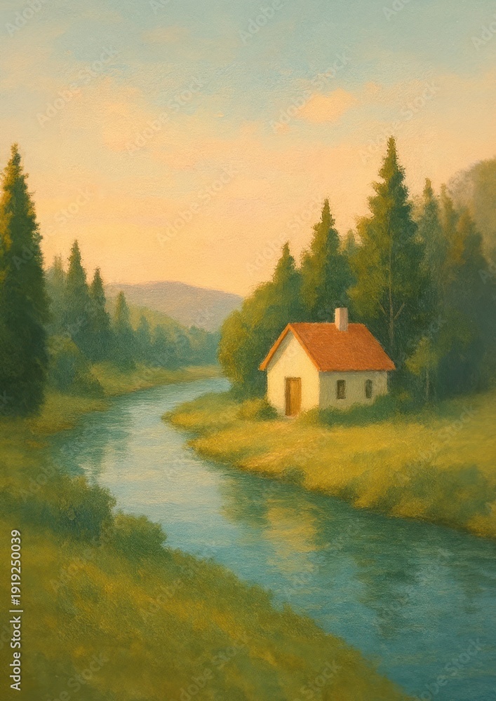 Fototapeta premium Serene riverside cottage landscape wallpaper.