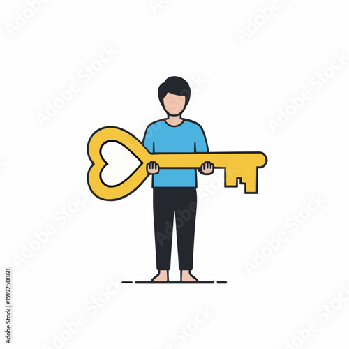 Man Holding A Large Golden Heart Shaped Key With A Blue Shirt And Black Pants Isolated On White Background