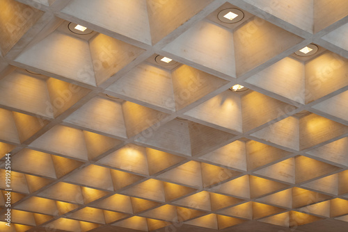 Photos Warm Geometric Ceiling With Recessed Lights, Grid Of Shallow Concrete Coffers Ca