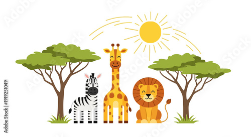 Playful illustration of a group of children standing with a zebra, giraffe, and lion under trees on World Wildlife Day, promoting wildlife and nature conservation with a colorful concept.