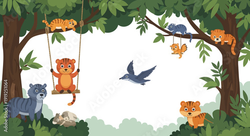 Playful illustration of various animals in a lush forest for World Wildlife Day and conservation concept with colorful trees and a bird in flight.