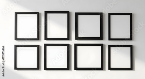 A wall with a bunch of black frames