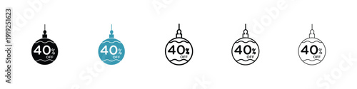 Christmas ball with0 off discount icon in line art style on white background for graphic and web design.