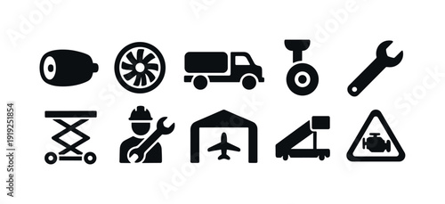 Airport, aviation silhouette icon set: logistics, safety, equipment collection