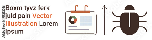 Data analysis, pest control, business planning, growth trends, market research, time management. A calendar with charts, upward arrow and beetle. Data analysis and pest control concept