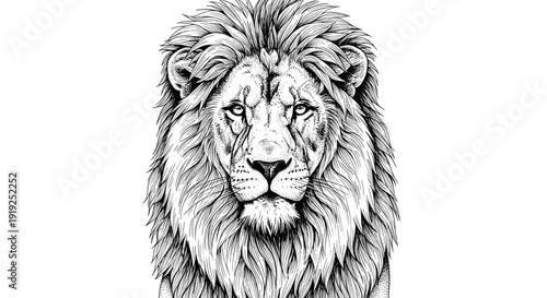 Detailed realistic black and white lion head illustration looking forward
