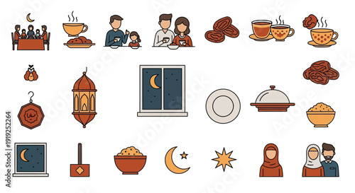 A collection of colorful flat design icons depicting various elements and traditions of Ramadan and Islamic culture, including fasting, prayer, food, and family gatherings.