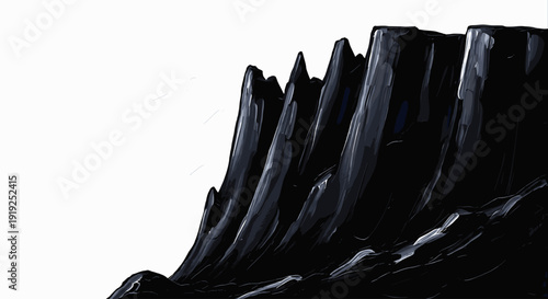 Dramatic dark jagged rock formation on white background