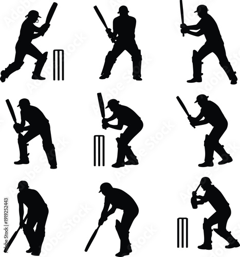 Cricket batsman silhouette collection showing multiple batting stances and shots sports action poses isolated on white background vector illustration