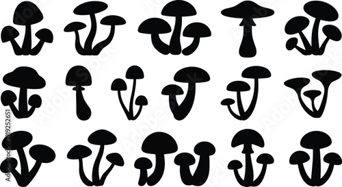 Mushroom silhouette icon set showing different fungi shapes black forest nature symbols isolated on white background vector illustration