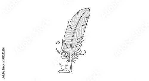 Elegant line art feather drawing with decorative swirls and ink drops